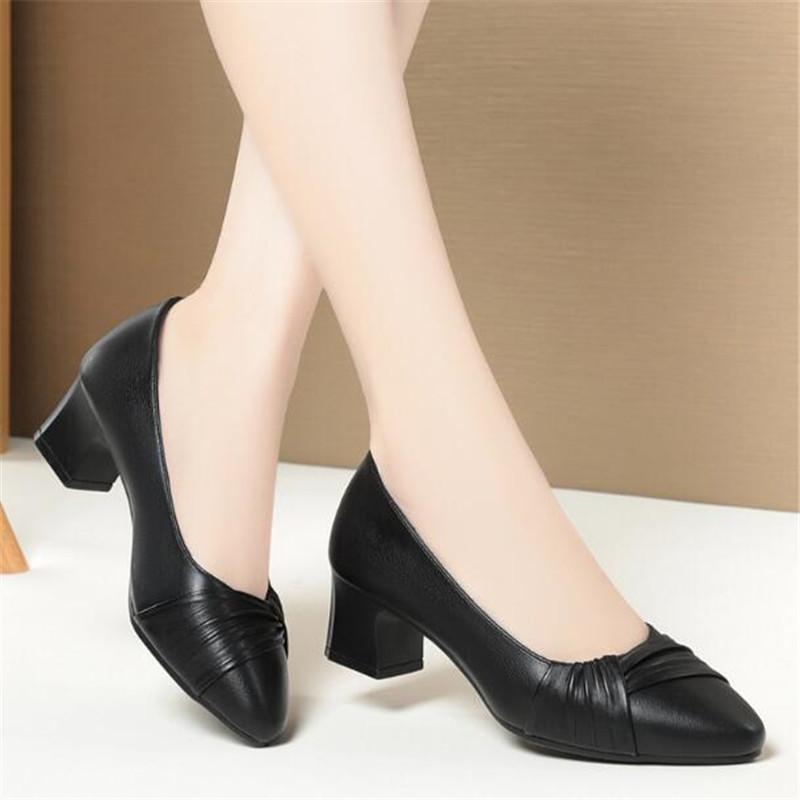 Mode Damen Pumps Schuhe Damen Echtes Leder Flach Slipper Runde Zehe High Heels Schuhe Hochzeitsparty Büro Arbeitsschuhe Größe 35-41