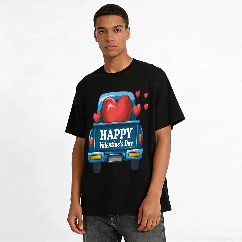 Happy Valentine's Day Heart Truck Print Casual Top Pure Cotton T-shirt