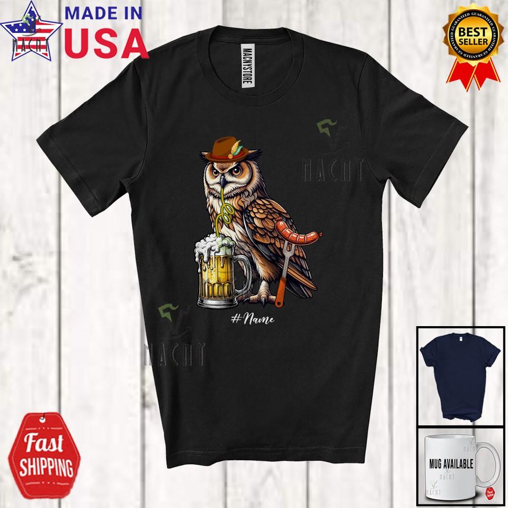 

German Owl Drinking Beer Festival Oktoberfest Custom Name Family T-Shirt 4XL