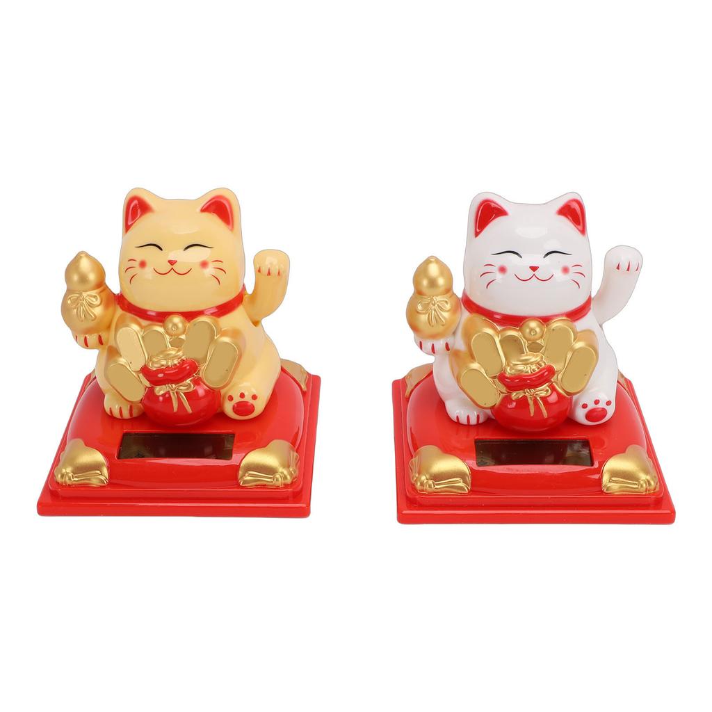 2pcs Lucky Cat 3.15 Inch Solar Powered Wealth Welcoming Waving Arm Cat for Car Dashboard WIndow Home Restaurant Decor