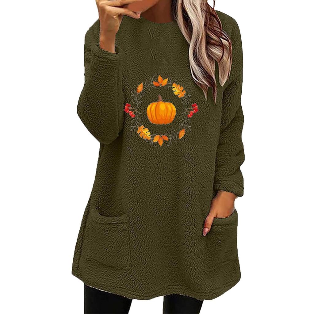 Women's Pumpkin Print Fleece Sweatshirt, Long Sleeve, Casual Fit, Double-sided Fleece, Pockets, Round Neck - Autumn/Winter Collection