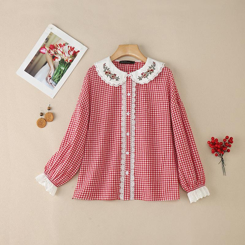 ZANZEA Women Floral Splice Doll Collar Casual Long Sleeve Plaid Print Blouse