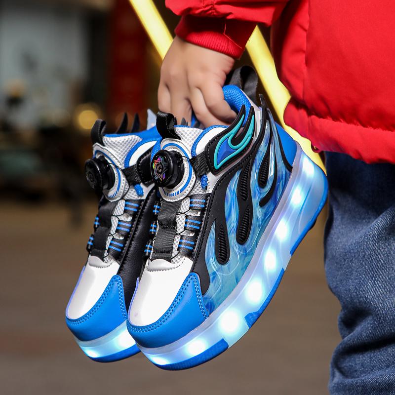 LED Lights Kids Roller Skate Shoes Parkour Sneakers Running With 4 Wheels Detachable Invisible Roller Skates Rotation Button