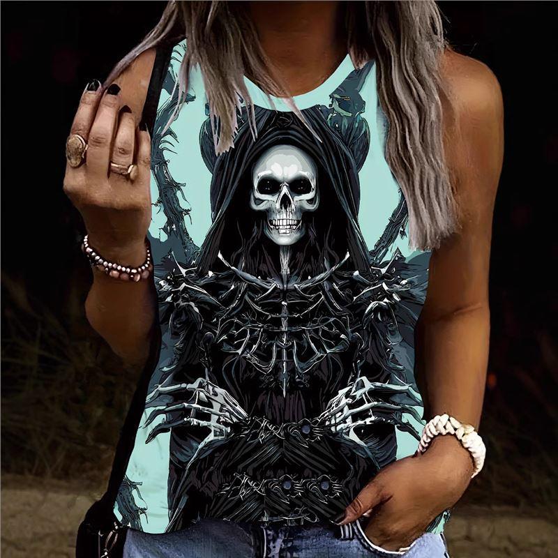

Trendy Gothic Punk Skull Print Crew Neck Halloween Vest Large