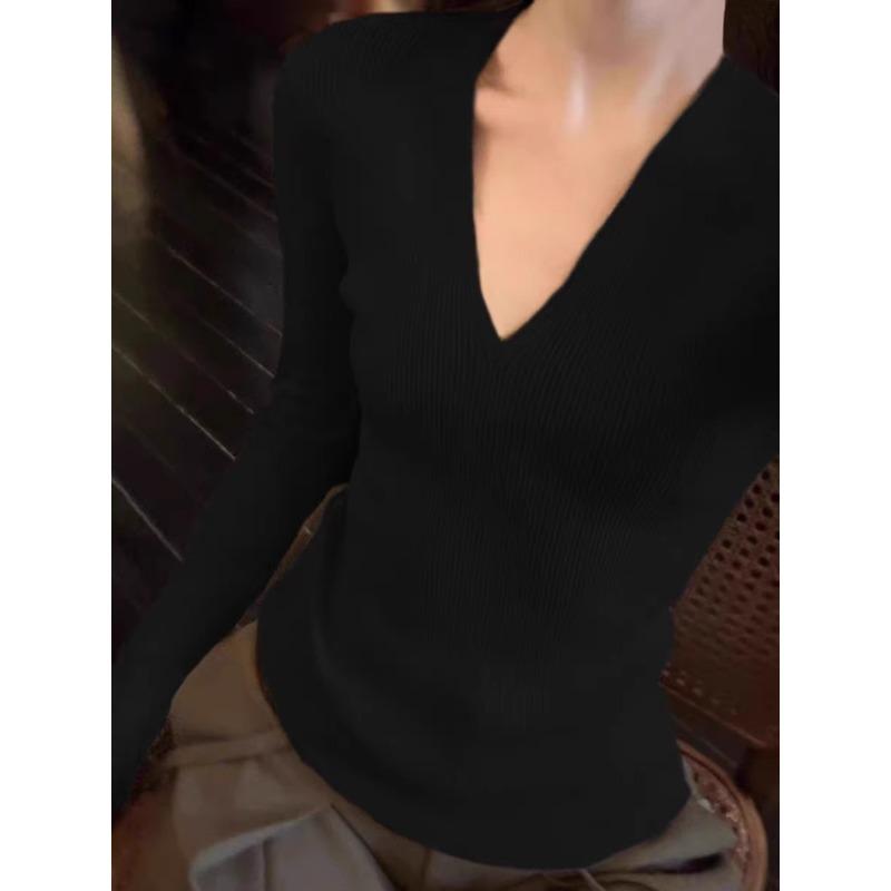 Solid Color V-neck Knitted Bottoming Shirt Women's Autumn and Winter New Inner Sweater Pure Desire Slim and Thin Versatile Long-sleeved Top