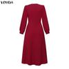 VONDA Elegant Women Casual  Round Neck Long Sleeve Front Pleated Long Swing Dress
