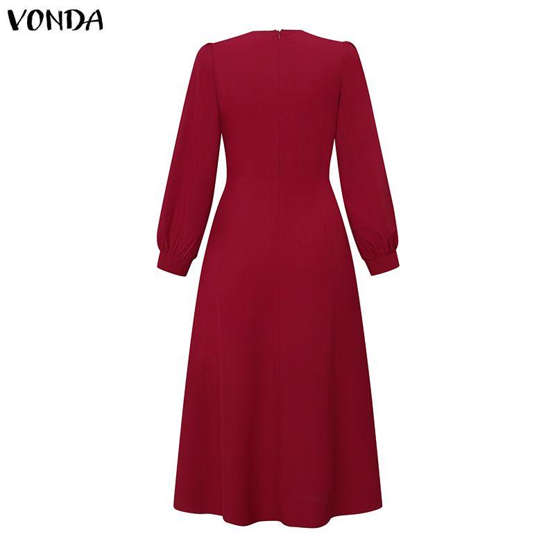 VONDA Elegant Women Casual  Round Neck Long Sleeve Front Pleated Long Swing Dress