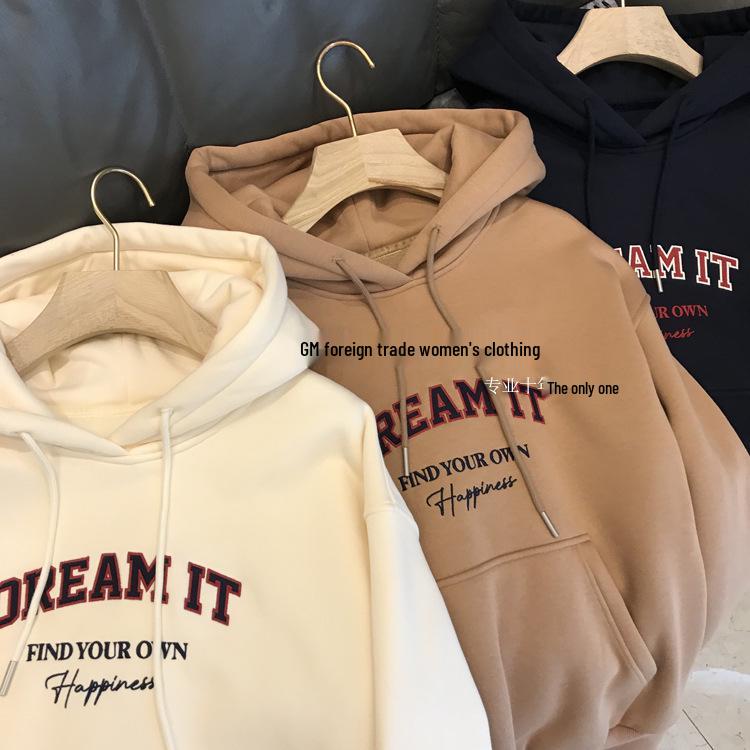 Trendy Autumn/Winter Velvet-Lined Hooded Sweatshirt for Women: Loose, Stylish, Lazy Design.