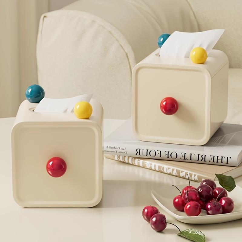 Chic Cream Style Tissue Box with Colorful Balls Square Plastic Holder for Bathroom, Living Room  Vanity Countertop Decor
