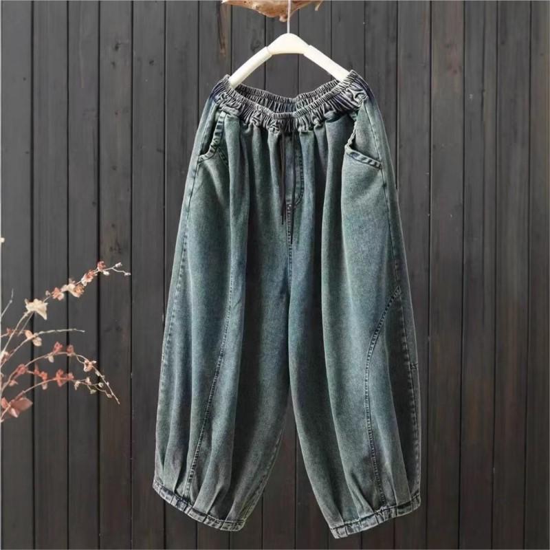 Johnature Women Wide Leg Pants Elastic Waist Patchwork Pockets Spring Loose Casual Vintage Pants