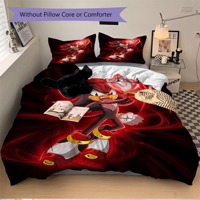3pcs Red Power Surge Shadow the Hedgehog Printed Bedding Set, Soft and Comfortable Quilt Cover for Bedroom, Guest Room (1 Duvet Cover + 2 Pi