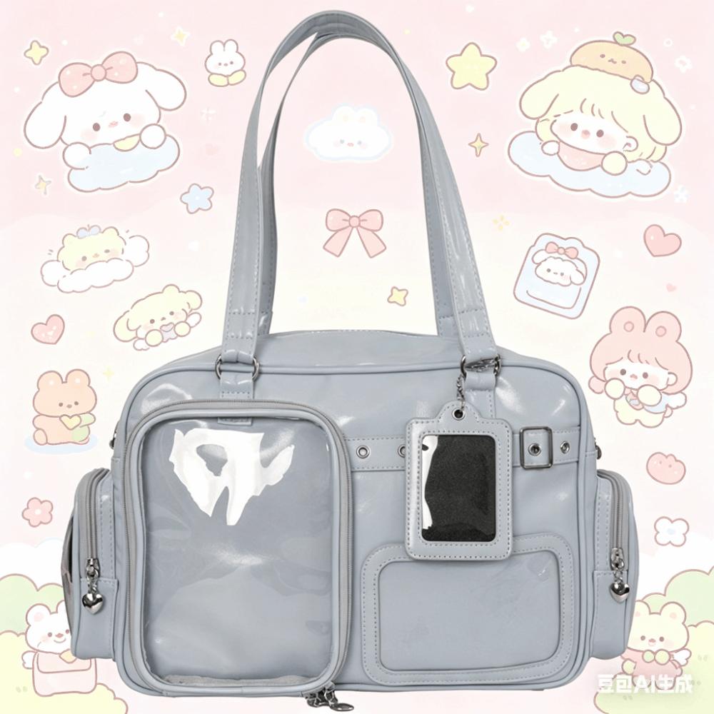 Large Capacity Transparent Ita Bag PU Leather Harajuku Shoulder Bag Preppy Style Handbag Daily Use