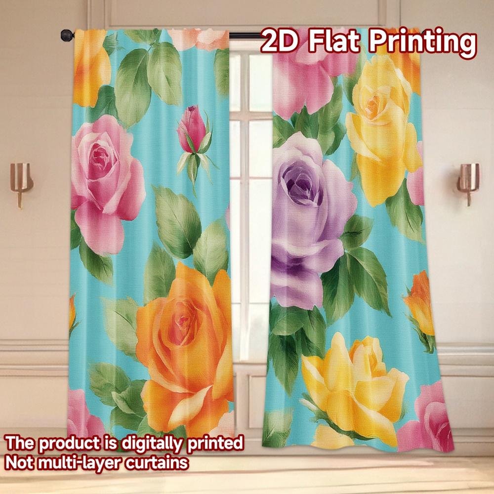 Flache Druckvorhänge Ohne Stange Florales Rosenstraußmuster Modische Gardinen für das Neue Jahr Gardinenset mit 2 Stück Modern Hergestellt Polyester