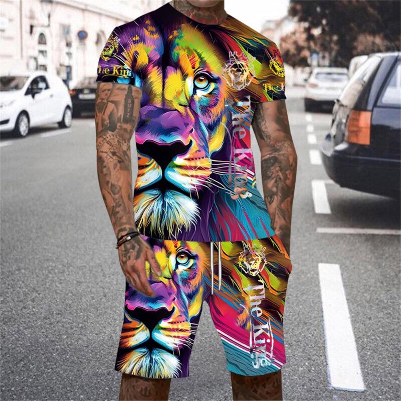 Conjunto de camiseta de hombre con estampado 3D de El Rey León, verano 2024, camiseta de manga corta con cuello redondo, estilo 3D, conjunto informal de moda para exteriores para hombre.
