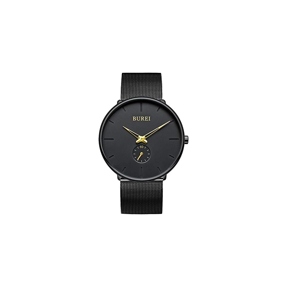 BUREI Men s Casual Black Quartz Watch Waterproof Simple Stylish with Net Strap