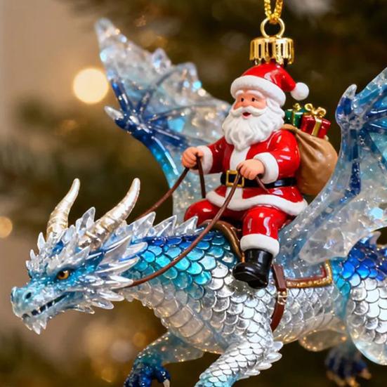 Santa Claus Riding A Dragon Ornaments Fantasy Themed Santa on Dragon Christmas Ornament 2D Acrylic Hanging Decoration for Tree Car Window Yard Decor