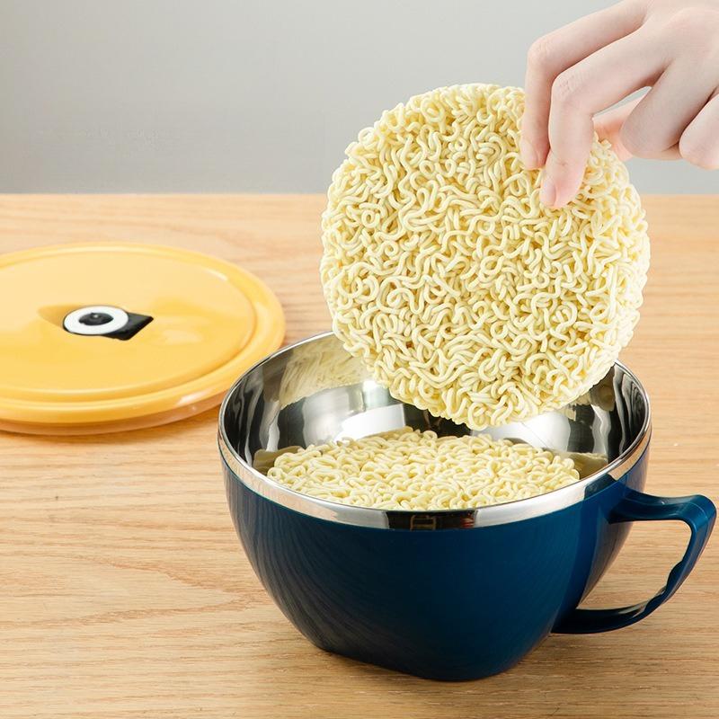 304 Stainless Steel Bowl with Handle Solid Color Anti Scalding Instant Noodles Mixing Bowl Kitchen Tableware Food  Accessory, 1pc