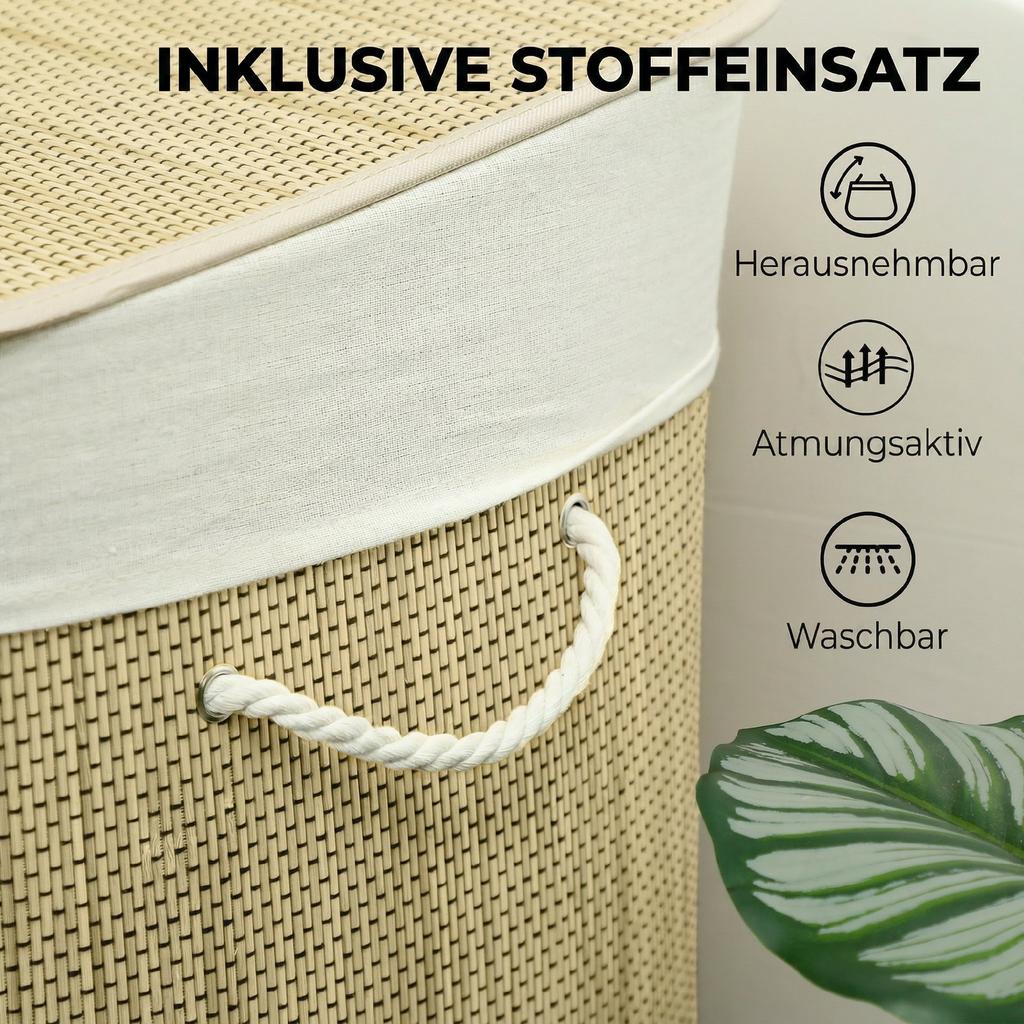 3 Section Laundry Basket with Lid, 144L Bamboo Laundry Hamper with Handles, Removable and Washable Liner, Cream White