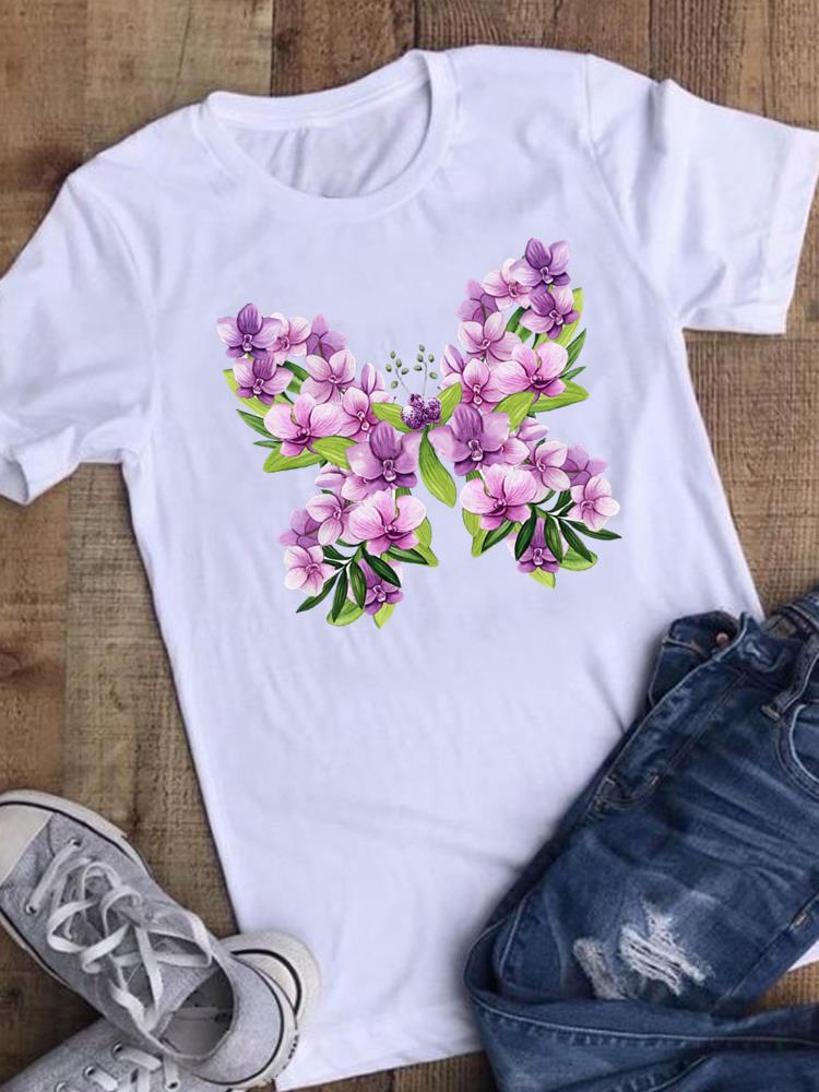 Womens Oversized TShirt Butterfly Print Cartoon Short Sleeve European American Style FeUnisex Top Clothing Polyester fabric S