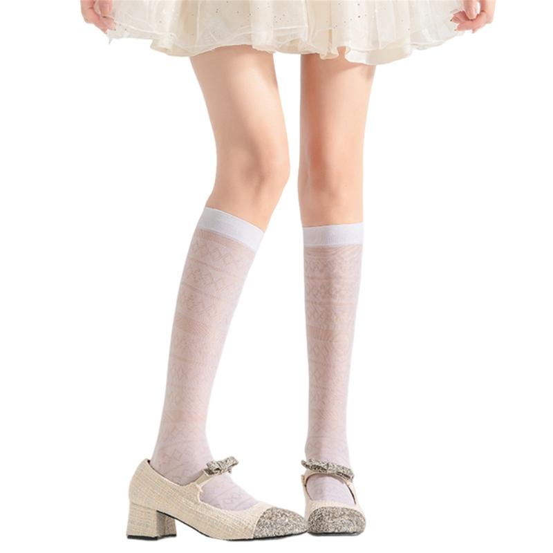 Women Elegant Thin Sheer Solid Color Silk Over Calf Socks Japanese Style Geometric Striped Pattern Knee Length Stockings