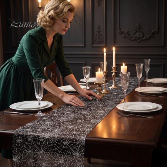 Decorative Table Runner for Events Metallic Foil Runner, Christmas Snowflake Glitter Spider Web Sheer Festive Setting Dinner Mesh Xmas Halloween