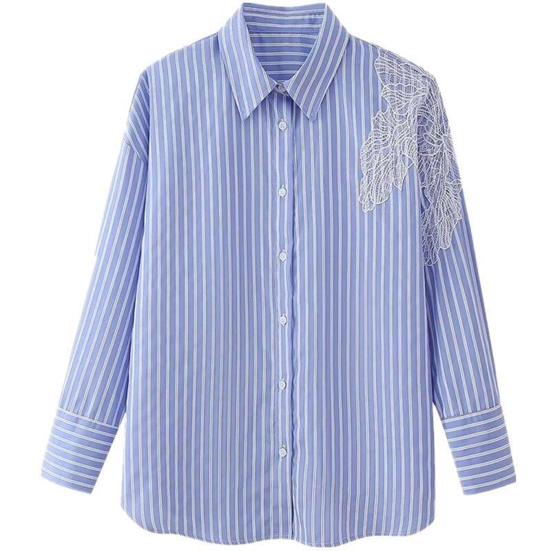 Fashion Style 2024 Spring New Arrival Women's Clothing Embroider Flower Decoration Stripes Shirt 2276566 044