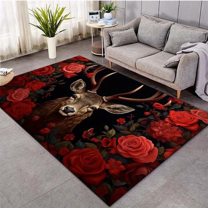 Deer Roses Rug: Classic Romance for Vintage Homes | Red Flower Animal Art Carpet Design Anti Slip Carpet Can Be Machine Washed