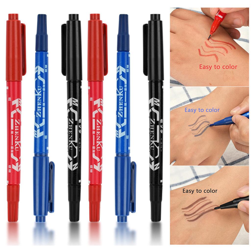6 Pcs Skin Marking Pen Double Ended W/Fine Thick Tip Black/Blue/Red