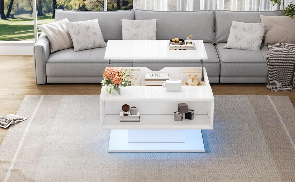 80*75*40cm Coffee Table with Hydraulic Lift, High-Gloss Sofa Table, Living Room Table with Storage, Semi-Open Storage, White