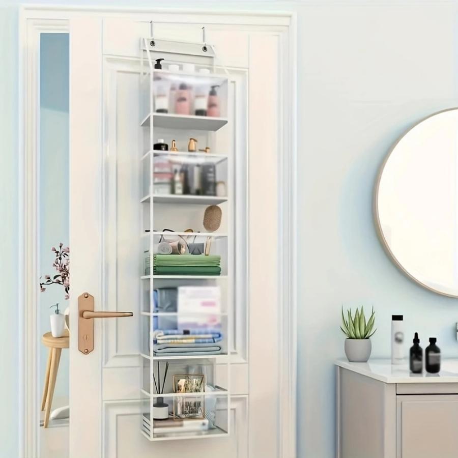 4/6-Tier Clear Window Over-the-Door Storage Organizer - Space-Saving Wall-Mounted Pocket Shelf for Cosmetics, Sundries, Bedroom, Bathroom, Office