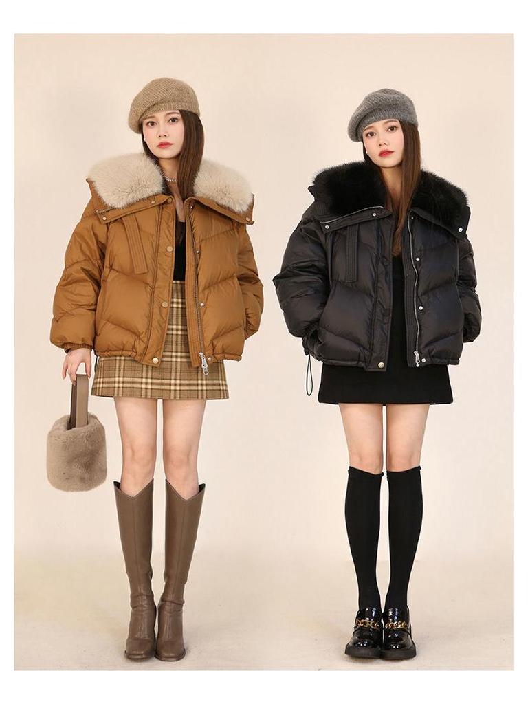Damska Ciepła Khaki/Czarna Kurtka Bawełniana z Kołnierzem ze Sztucznego Futra - Zimowy Płaszcz Petite