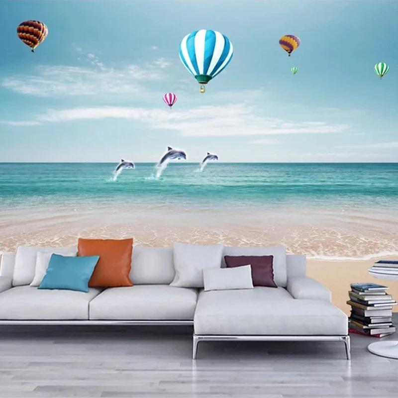 3d Blue Sky Wallpaper View Sea Mural Balloon Dolphin 3d Wall Paper Living Room Tv Background Wall Mural Decor