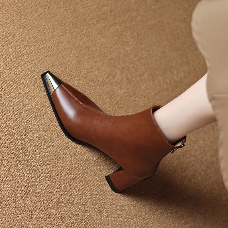 Fashion 2025 NEW Autumn Women Boots Split Leather Square Heel Women Shoes Pointed Toe High Heel Mid-calf Modern Boots