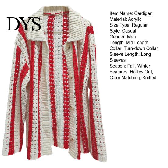 Loose Fit Men Shirt Fall Spring Cardigan Knitted Hollow Out Turn-down Collar Striped Single-breasted Long Sleeves Color Matching Slicing Patchwork