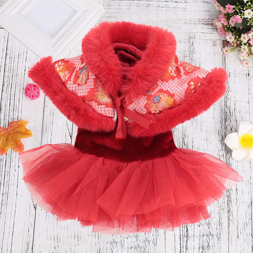 Dog Clothes Chinese Tang Pet Dress Cape Plush Scattered Hem Flower Print Bow-knot  Lace Up Winter Dress Christmas New Year
