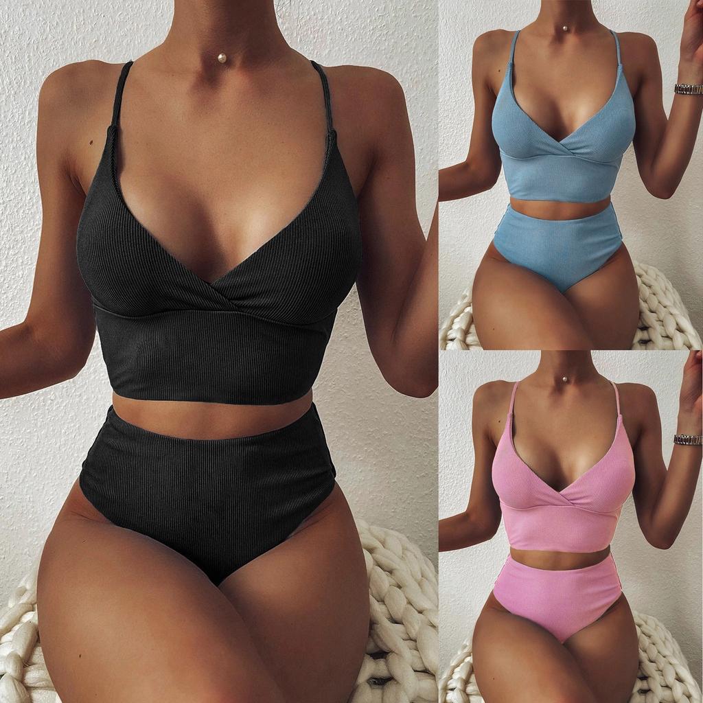 Women Striped Push Up High Cut Hight Waist Bikini Set Two Piece Swimsuit