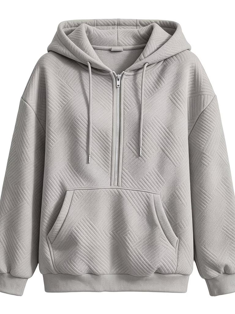 European and American Jacquard Zip-Up Hooded Cardigan with Drawstring Pockets