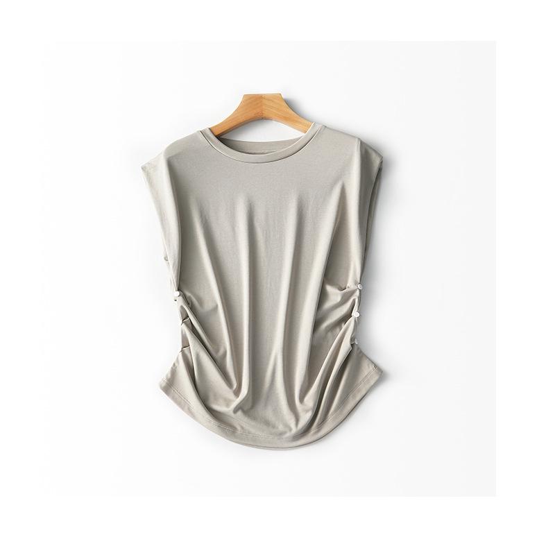 

Skinny t-shirt liquid ammonia silky waist small flying sleeve knitted sweater women s round neck covering meat, thin versatile top thin L