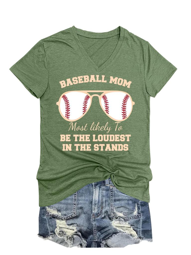 Summer New Short Sleeve Tshirt Baseball Mom Print Loose Vneck Casual Fashion Top