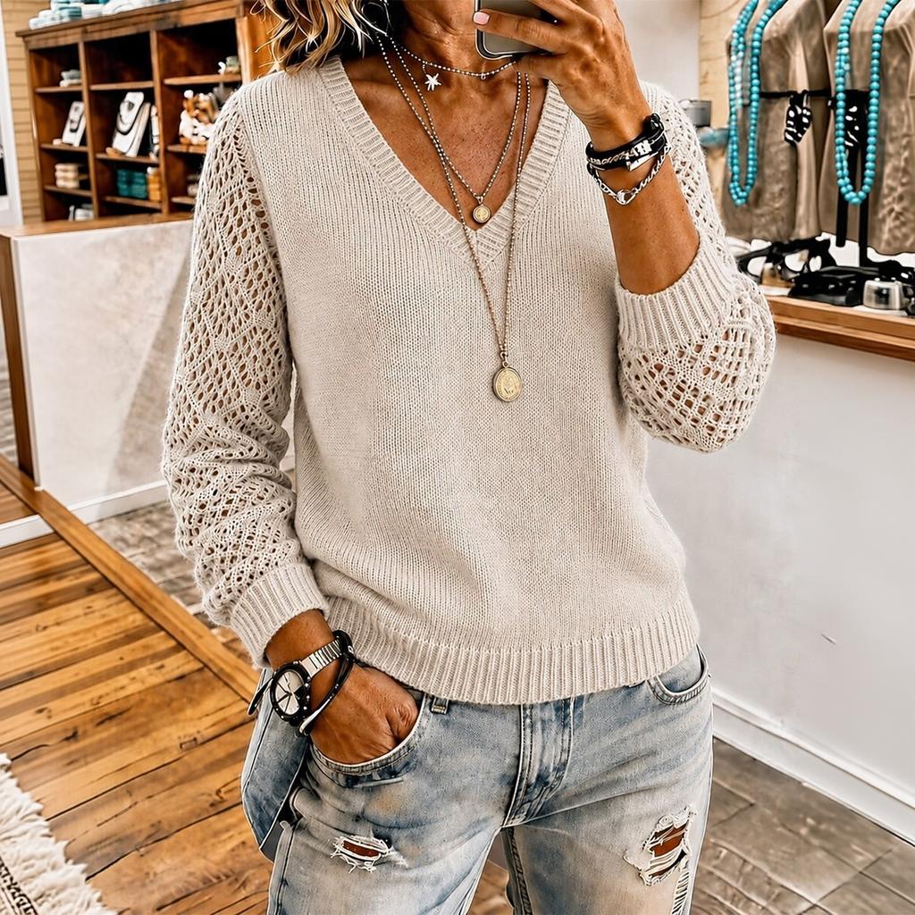 Women's Fashion Long Sleeve Cutout Pullover Sweater Loose Fit Knit Top for Casual Wear