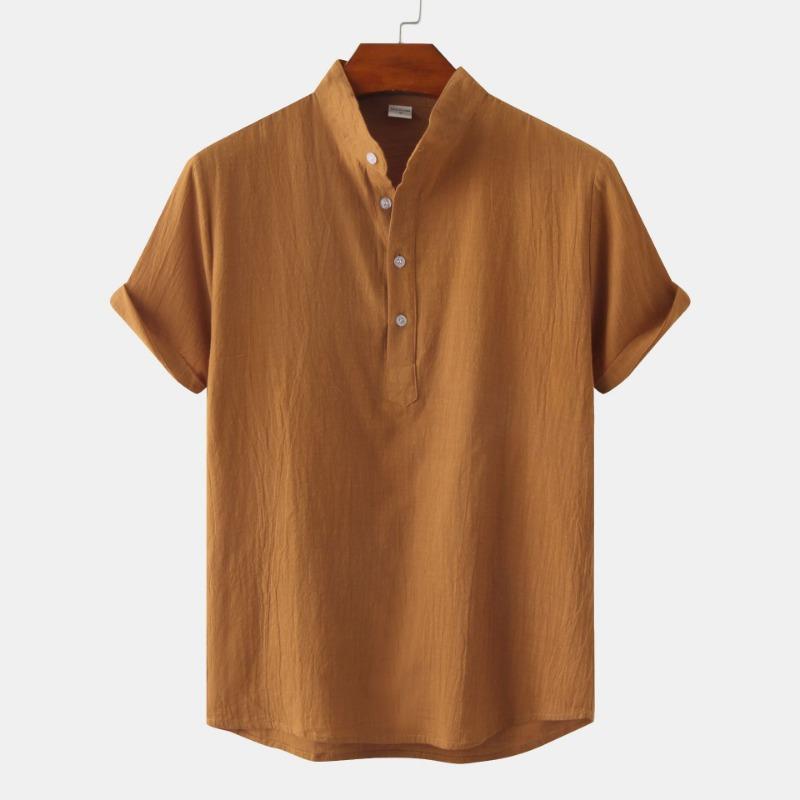 Summer Men's Cotton Linen Stand Collar Casual Short Sleeved Shirt Beach T-shirt Shirt Men's Clothing
