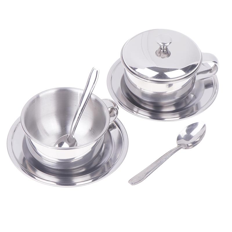 Stainless Steel Coffee Cup With Tray Spoon With/Without Lid Heat Resistant Mug Drink Tableware Kitchen Cafe Accessories