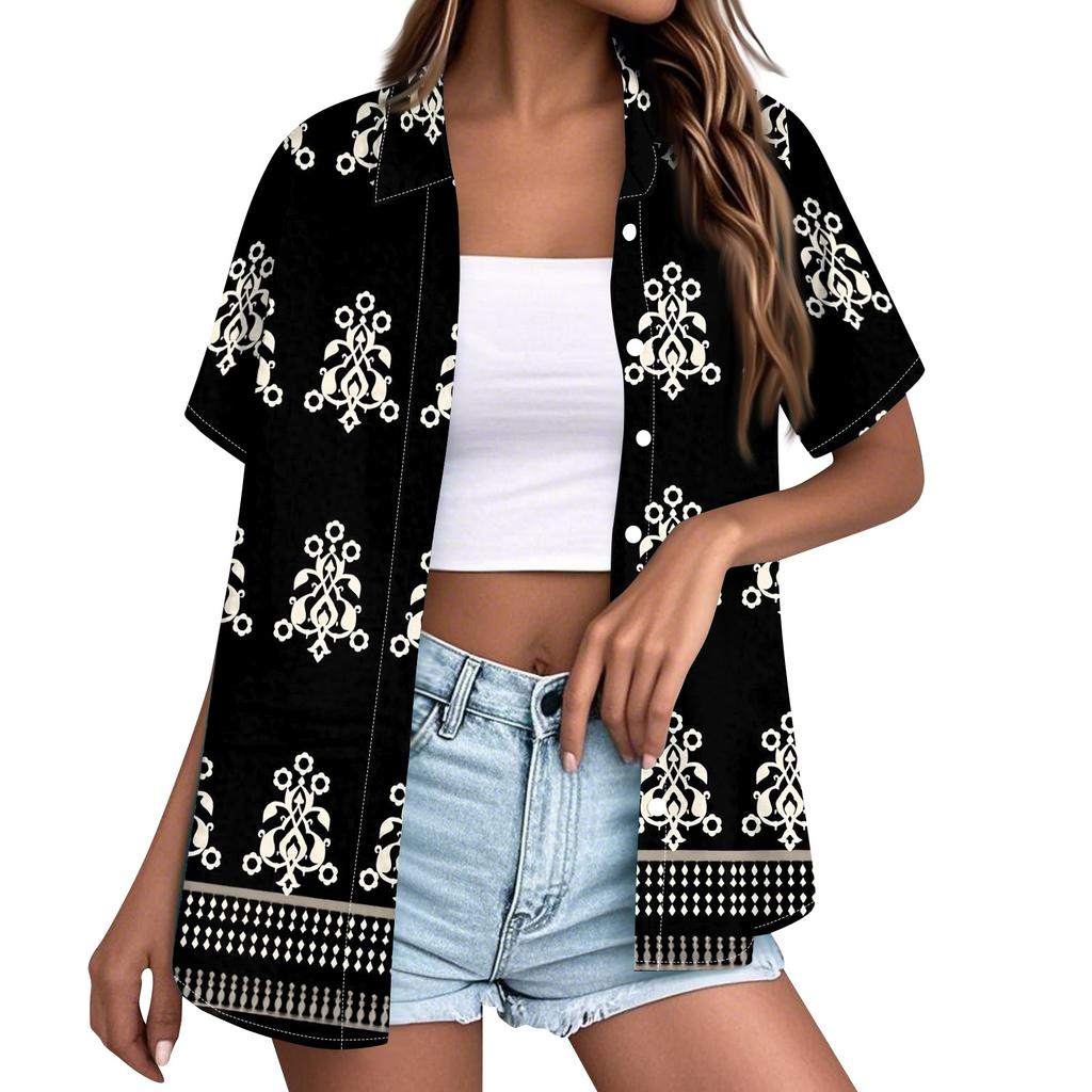 Women's Casual Short Sleeve Button Down Shirt Hawaiian Print Open Front Collar Blouse Lightweight Summer Top