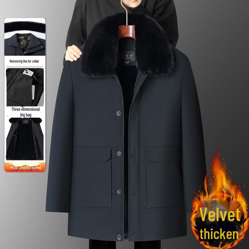 Men's Winter Plus Velvet Thick Warm Cotton Coat - Large, Loose-Fit, Medium-Length for Middle-Aged & Elderly