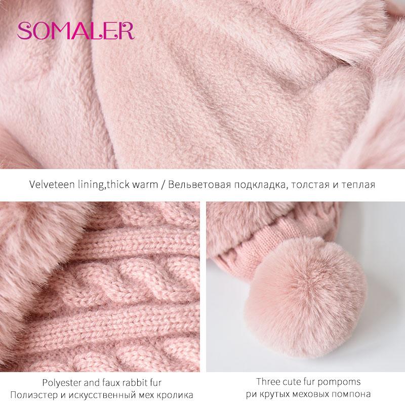 SOMALER Women Bomber Hat Scarf Set for Winter Faux Rabbit Fur Cap Snug Lined Earmuff Beanie for Girl