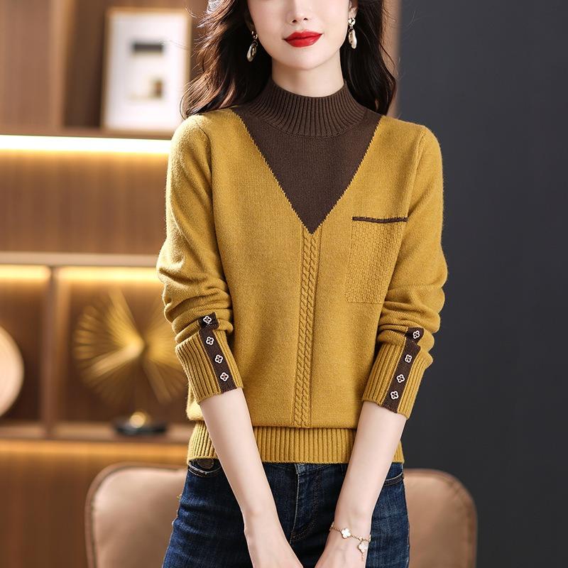 Women Vintage Splicing Panelled Sweaters Autumn Winter Fashion Mock Neck Long Sleeve Casual Slim Knitted Pullovers