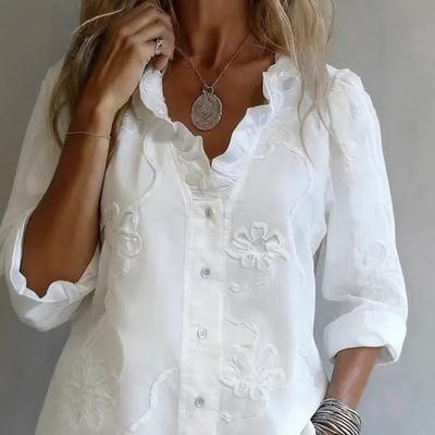 Women Shirt V-Neck Lace Trim Long Sleeve Pullover Tops Pure Color Embroidery Flower Pattern Spring Summer Casual Shirt Tops