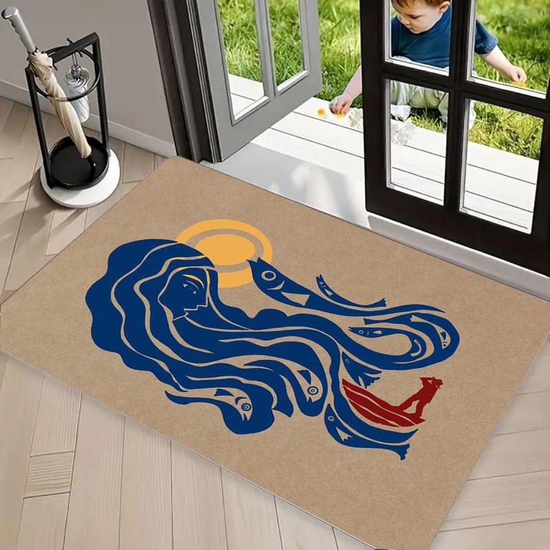 Abstract Geometric Fish Print Doormat, Mid-Century Modern Ocean Floor Mat for Entryway Bathroom Nautical Home Decor Carpet