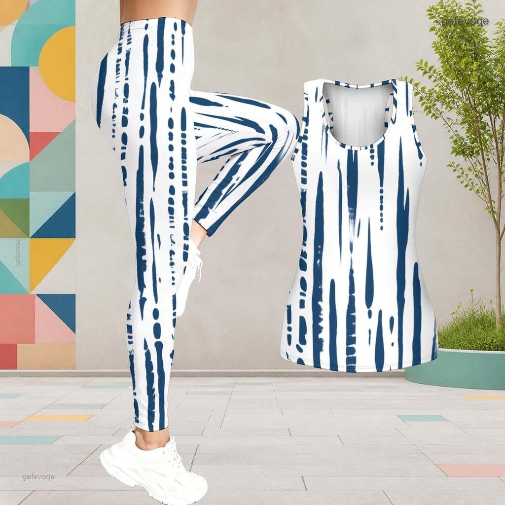 Women Plus Size Printed Two Piece Outfit Scoop Neck Sleeveless Tank Top And Fitted Pants