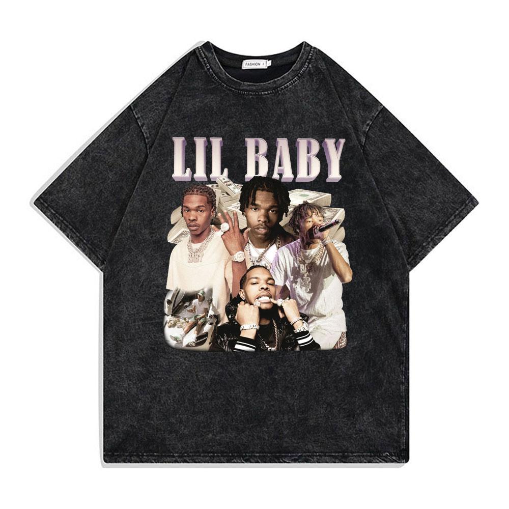 Hip Hop Rapper Wash Vintage Black Lil Baby T Shirt Unisexs Fashion Oversized Tee Short Sleeve Regular Male Tshirt Unisex Streetwear
